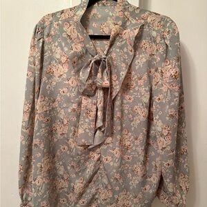SHEIN Gray and Pink Blouse with Tie Front and 3/4 Sleeves